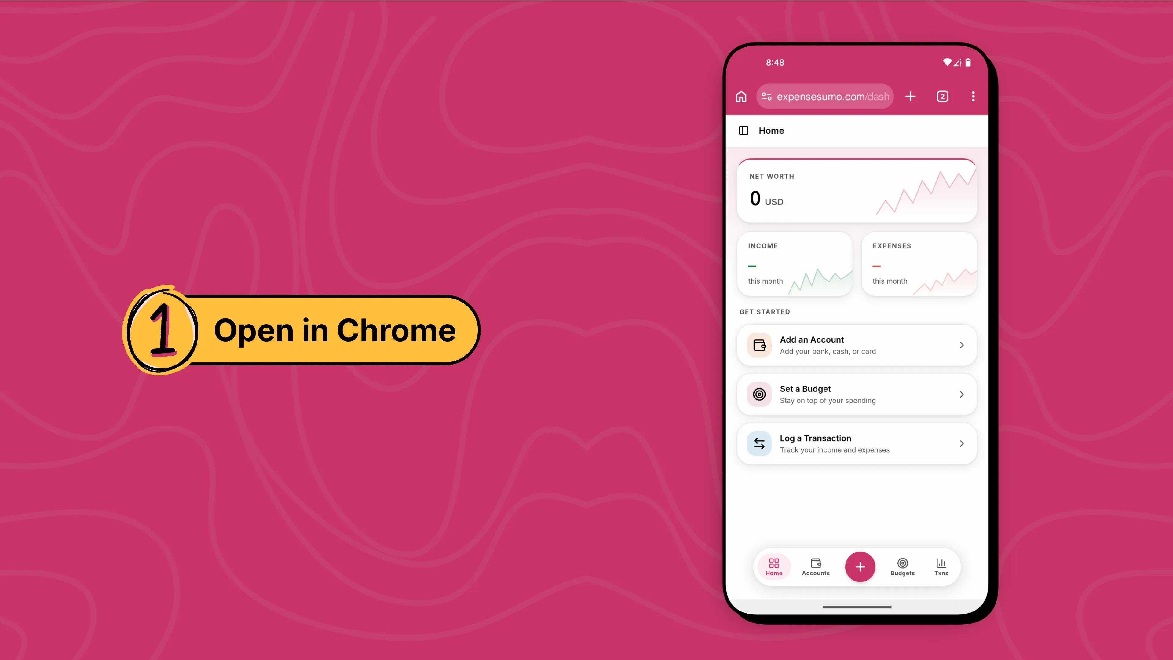 Step 1 - Open ExpenseSumo in Android's Chrome
